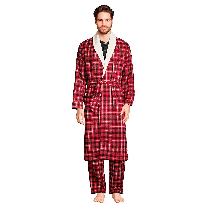 Mens Lands End Sherpa-Lined Flannel Robe, Size: XS, Dark Red