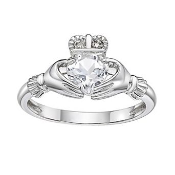 Gemminded Sterling Silver White Topaz & Diamond Accent Claddagh Ring