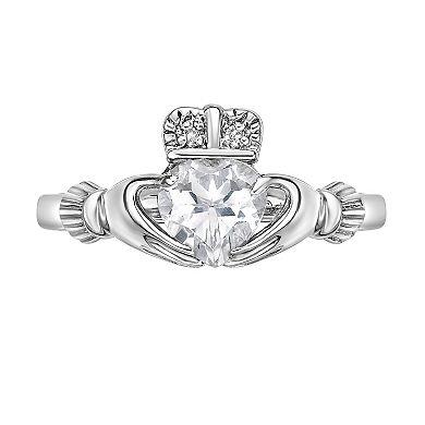 Gemminded Sterling Silver White Topaz & Diamond Accent Claddagh Ring