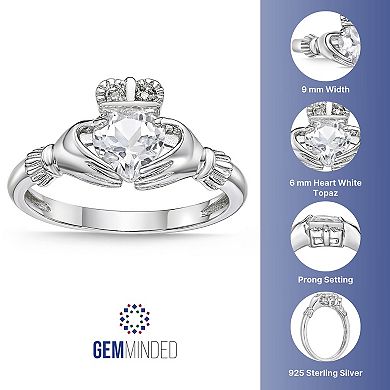 Gemminded Sterling Silver White Topaz & Diamond Accent Claddagh Ring