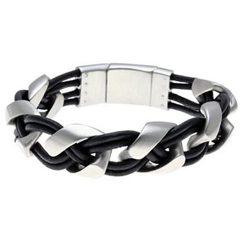 Men's LYNX Two Tone Sterling Silver Braided Black Leather Bracelet