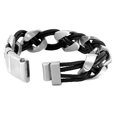 Men's LYNX Two Tone Sterling Silver Braided Black Leather Bracelet