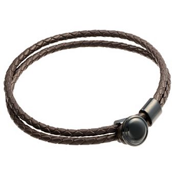 Men's LYNX Black Ion-Plated Stainless Steel Brown Leather Bracelet