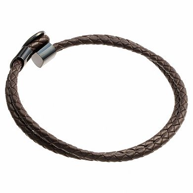 Men's LYNX Black Ion-Plated Stainless Steel Brown Leather Bracelet