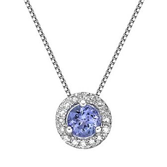 Gemminded Sterling Silver 1/6 Carat T.W. Diamond Tanzanite Halo Pendant Necklace