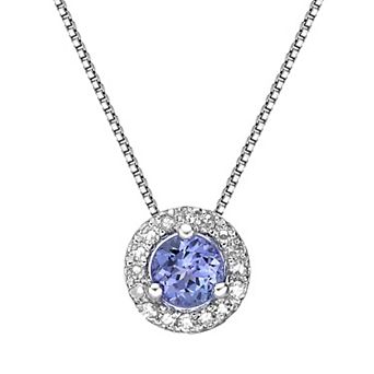 Gemminded Sterling Silver 1/6 Carat T.W. Diamond Tanzanite Halo Pendant Necklace