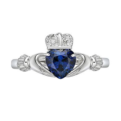 Gemminded Sterling Silver Lab-Created Sapphire & Diamond Accent Claddagh Ring