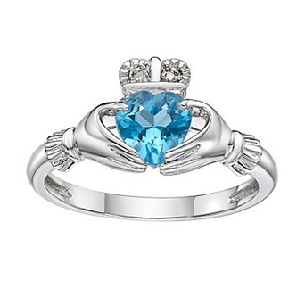Gemminded Sterling Silver Blue Topaz & Diamond Accent Claddagh Ring