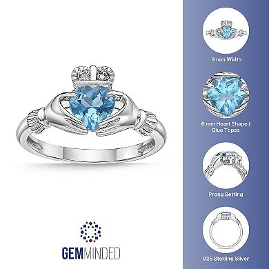 Gemminded Sterling Silver Blue Topaz & Diamond Accent Claddagh Ring