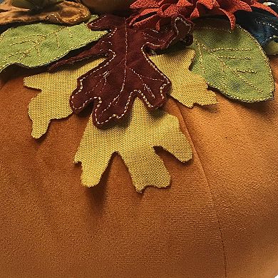 Edie@Home Harvest Velvet Pumpkin pillow with Embroidered Leaves