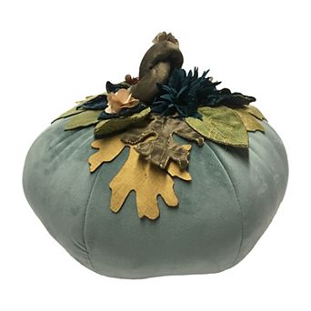 Edie@Home Harvest Velvet Pumpkin Pillow with Embroidered Leaves