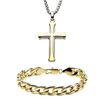 Men's Gold Tone Stainless Steel Cross Pendant Necklace & Curb Bracelet Set