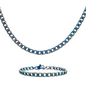 Men's 6 mm Blue Plated Stainless Steel Curb Chain Necklace & Bracelet Set