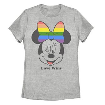 Juniors' Disney's Minnie Mouse "Love Wins" Rainbow Bow Tee