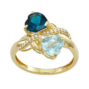 Tiara 10k Gold Blue Topaz & 1/10 Carat T.W. Diamond Double Heart Ring