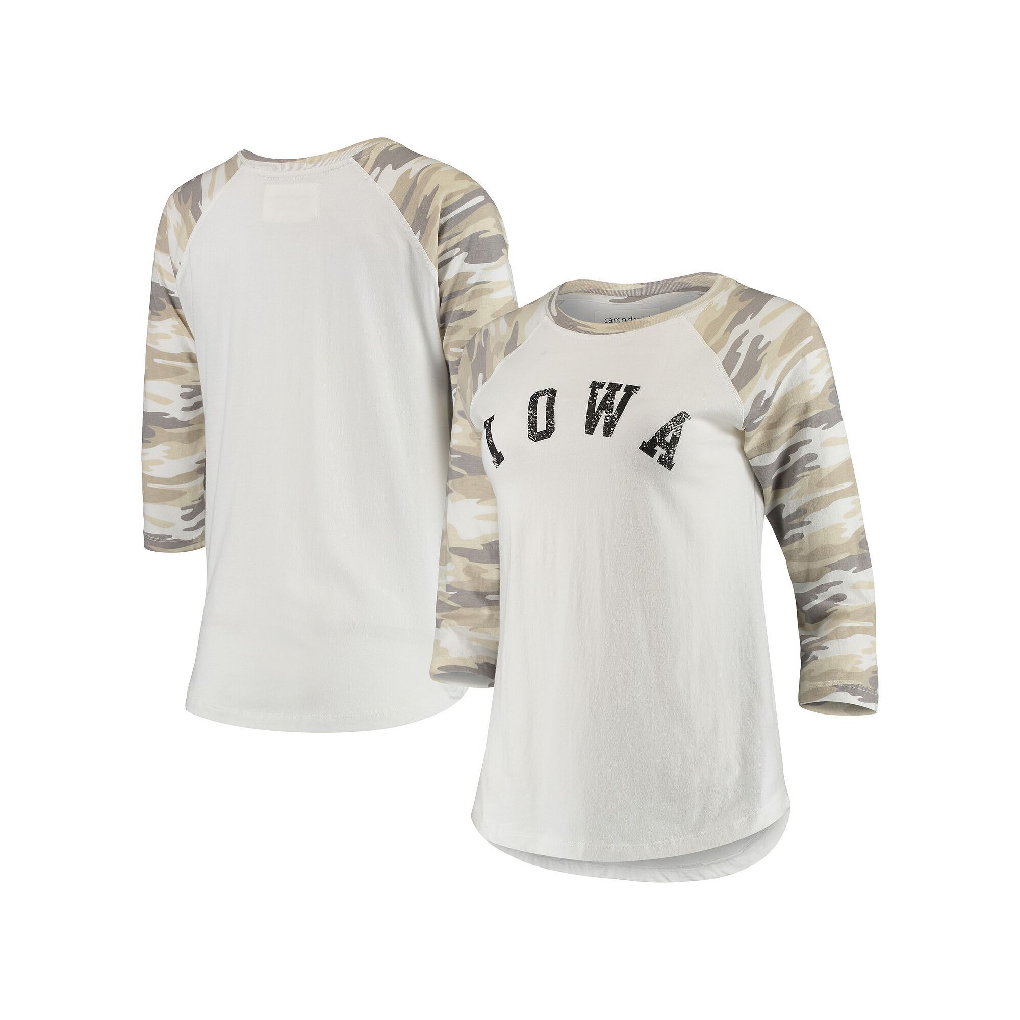Womens White/Camo Iowa Hawkeyes Boyfriend Baseball Raglan 3/4-Sleeve T-Shi