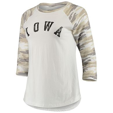 Women's White/Camo Iowa Hawkeyes Boyfriend Baseball Raglan 3/4-Sleeve T-Shirt