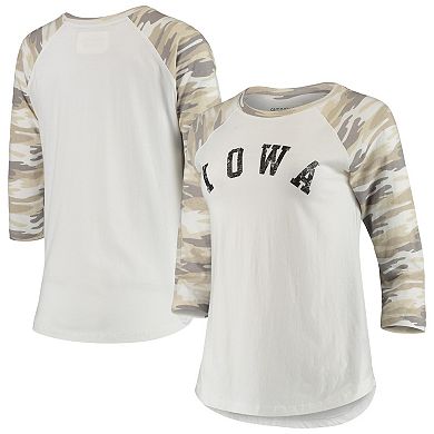Women's White/Camo Iowa Hawkeyes Boyfriend Baseball Raglan 3/4-Sleeve T-Shirt