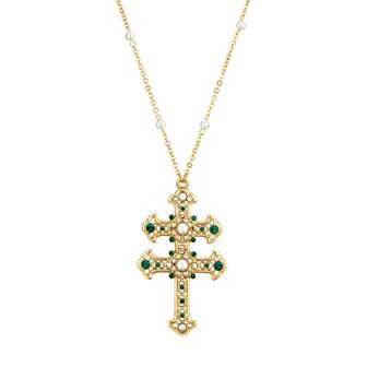 1928 Gold Tone Simulated Pearl & Simulated Crystal Double Cross Pendant Necklace