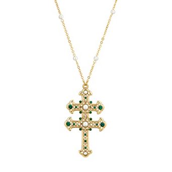 1928 Gold Tone Simulated Pearl & Simulated Crystal Double Cross Pendant Necklace