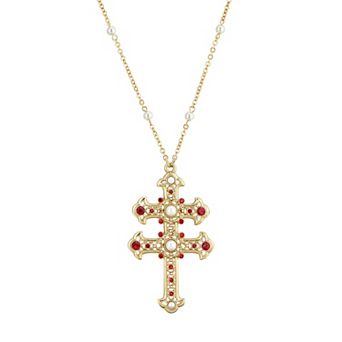 1928 Gold Tone Simulated Pearl & Simulated Crystal Double Cross Pendant Necklace
