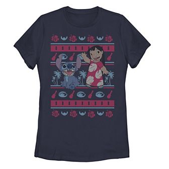 Juniors' Disney's Lilo & Stitch Christmas Tropical Sweater Style Graphic Tee