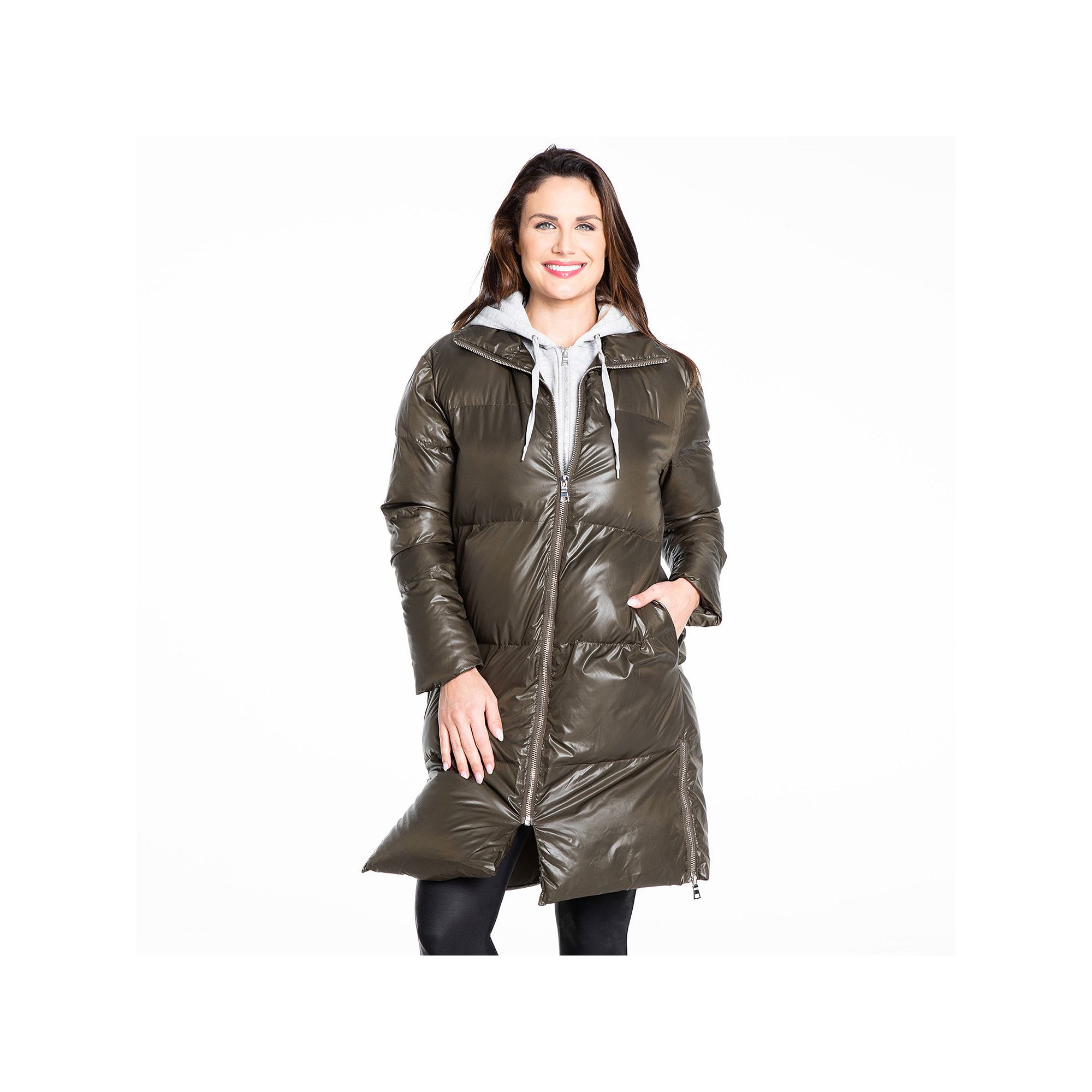 Womens Fleet Street Inner-Hoodie Long Puffer Jacket, Size: XS, Green