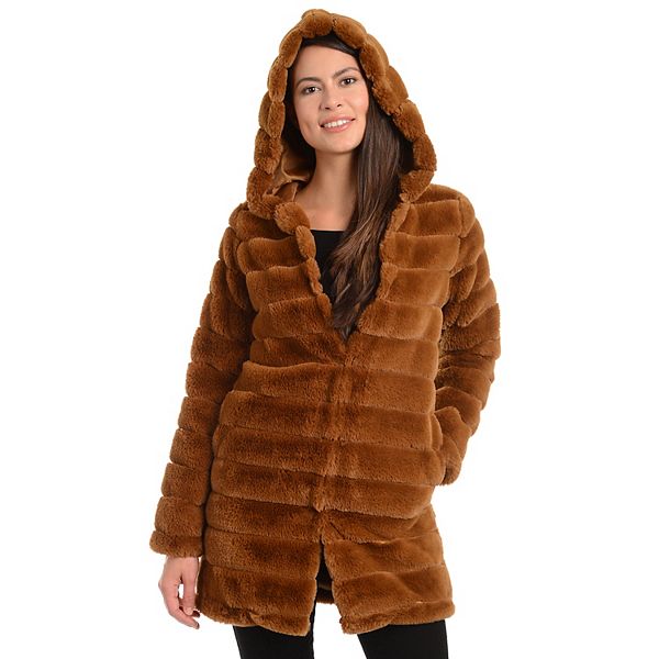 Hooded Faux Fur Reversible Coat, Women S Fury Reversible Faux Fur Hooded Coat