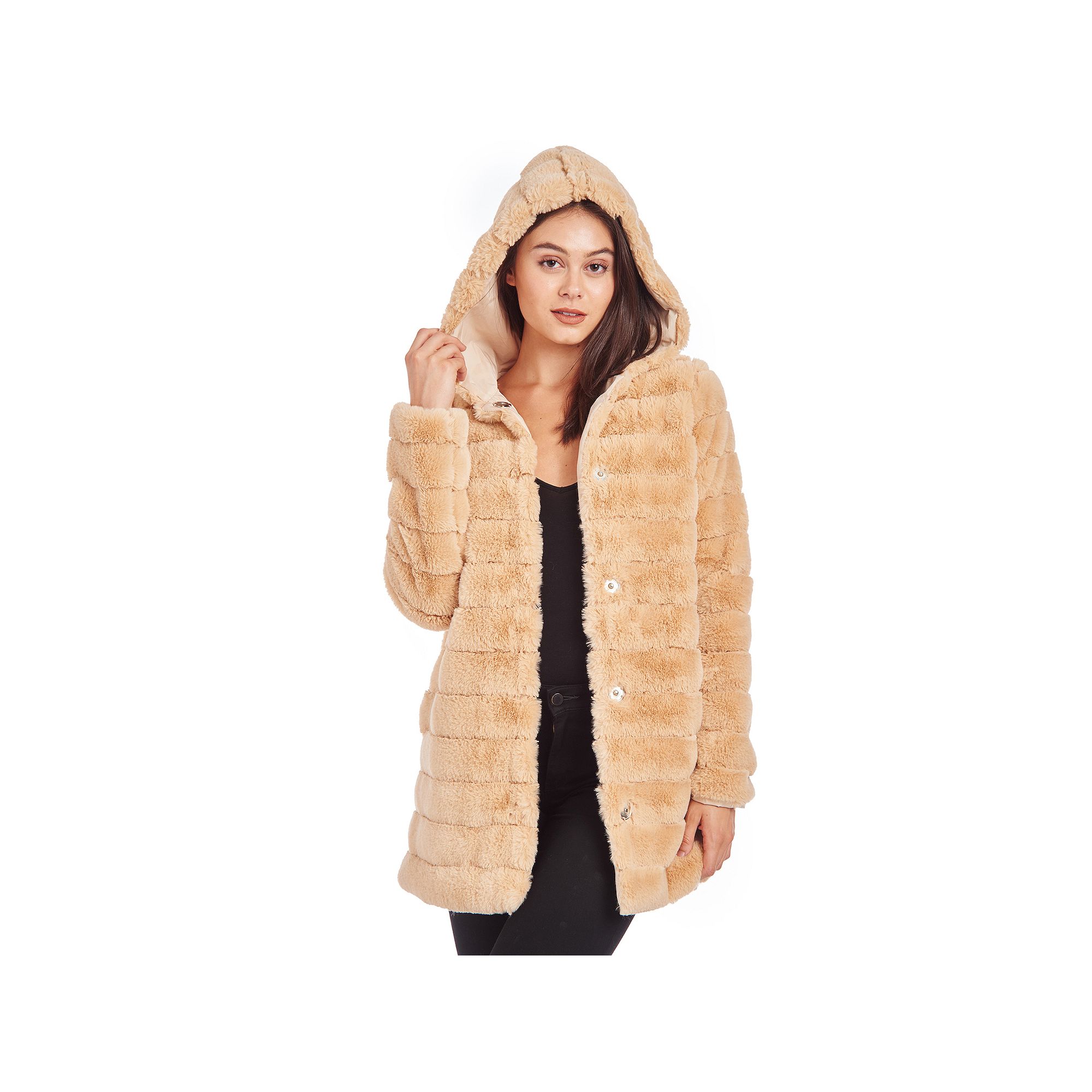 Womens Fleet Street Hooded Faux-Fur Reversible Coat, Size: XS