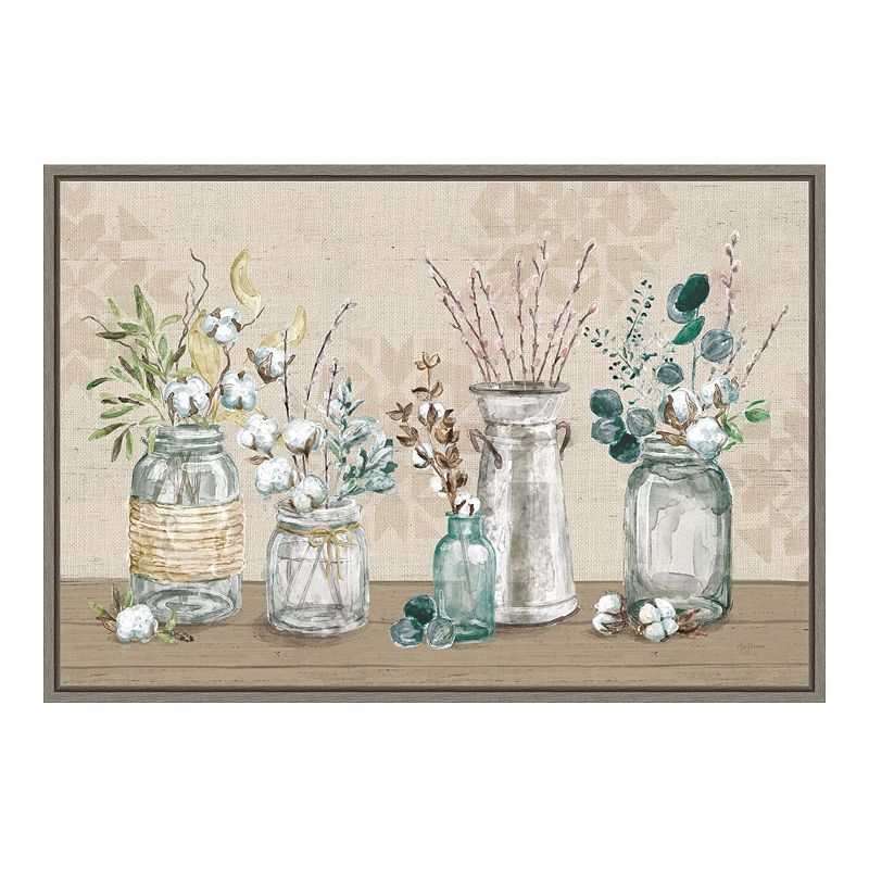 Amanti Art Cotton Bouquet In Vases I Framed Canvas Print, Grey, 23X16