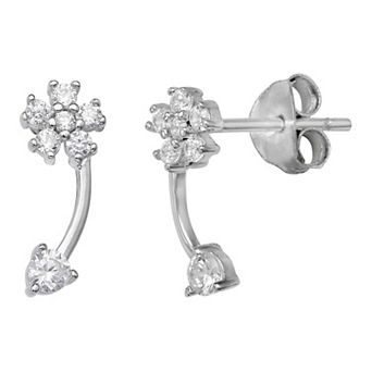 PRIMROSE Sterling Silver Cubic Zirconia Flower Curved Stick Stud Earrings