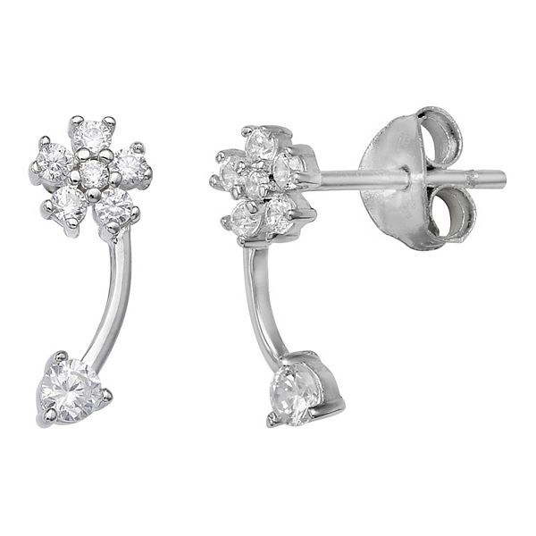 Sterling Silver Antiqued CZ Flower Front & Back Post Earrings