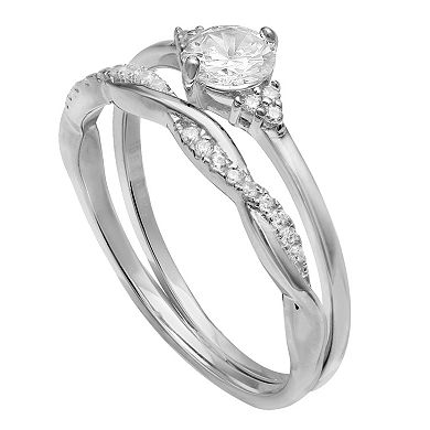 PRIMROSE Sterling Silver Twisted Band & Cubic Zirconia Ring Set
