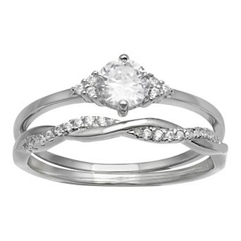 PRIMROSE Sterling Silver Twisted Ring & Cubic Zirconia Ring Set