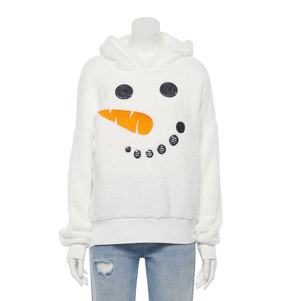 Juniors' Snowman Face Sherpa Christmas Hoodie