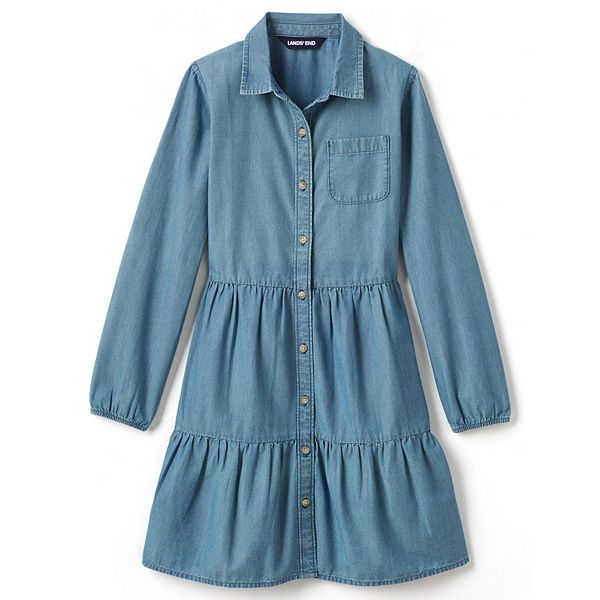 Girls 7-16 Lands' End Long Sleeve Tiered Chambray Dress