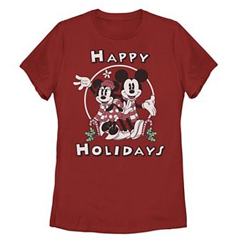 Juniors' Disney's Mickey And Minnie Mouse Happy Holidays Christmas Tee