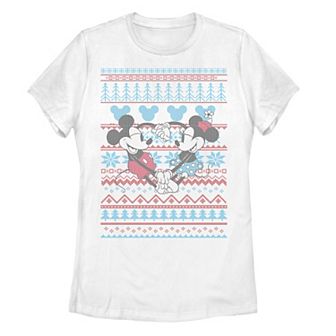 Juniors' Disney's Mickey And Minnie Mouse Christmas Sweater Style Tee