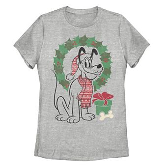 Juniors' Disney's Pluto Christmas Wreath Portrait Tee