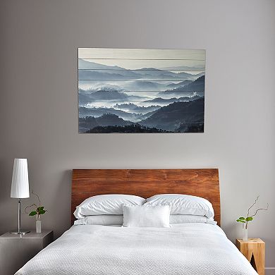 Misty Blue Mountains Print on Planked Wood