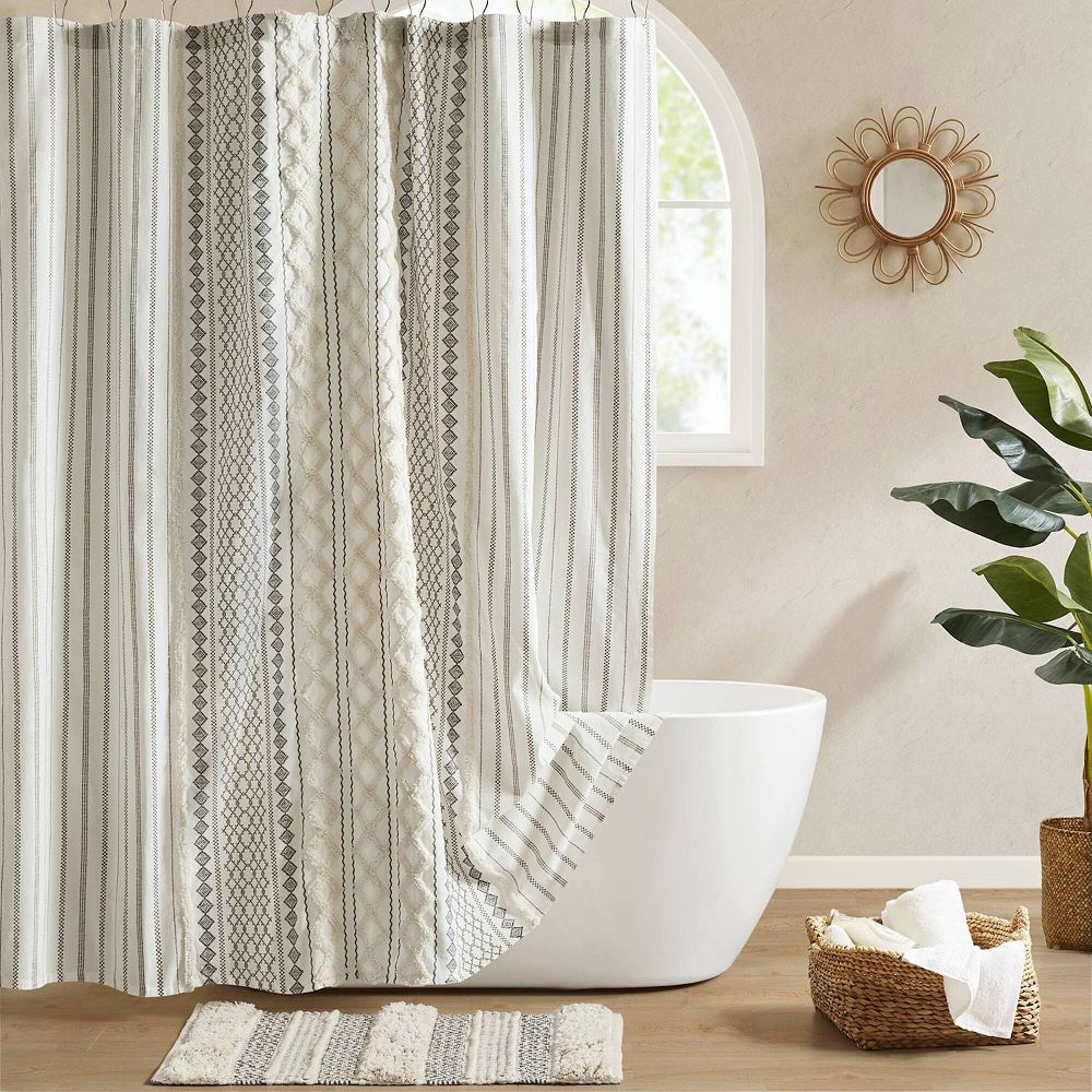INK+IVY Imani Cotton Printed Tufted Chenille Stripe Shower Curtain - Ivory, 72X72