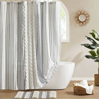 INK+IVY Imani Cotton Printed Tufted Chenille Stripe Shower Curtain