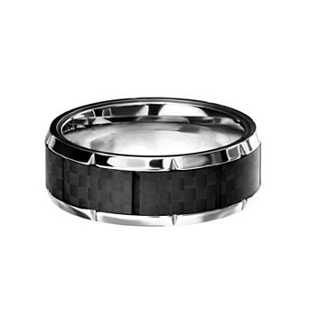 Men's Stainless Steel Ridged Edge Carbon Fiber Ring