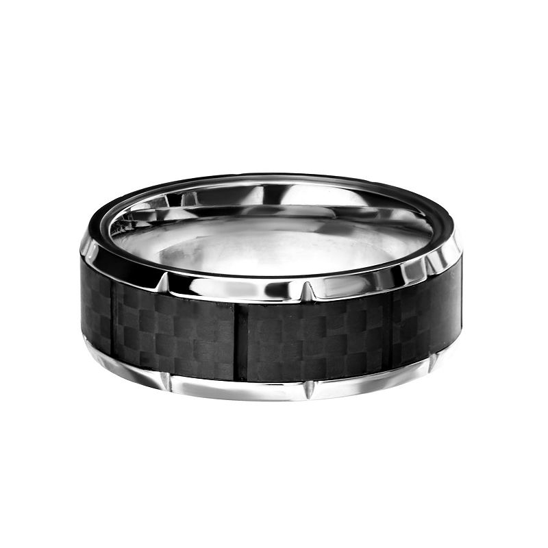 Mens Stainless Steel Ridged Edge Carbon Fiber Ring, Size: 14