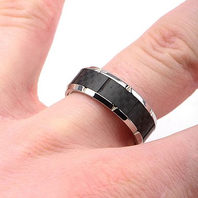 Men's Stainless Steel Ridged Edge Carbon Fiber Ring