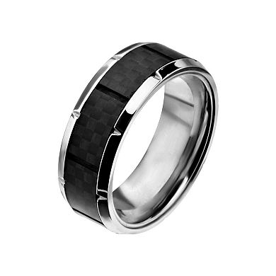 Men's Stainless Steel Ridged Edge Carbon Fiber Ring