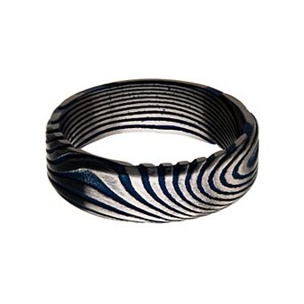 DANTE Men's 7 mm Blue Ion Plated Damascus Steel Ring