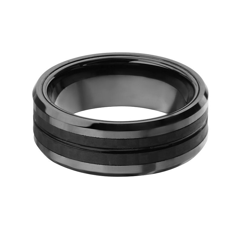 Mens Black Stainless Steel & Carbon Fiber Double Line Ring, Size: 9