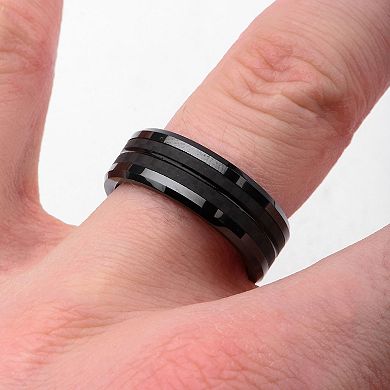 Men's Black Stainless Steel & Carbon Fiber Double Line Ring