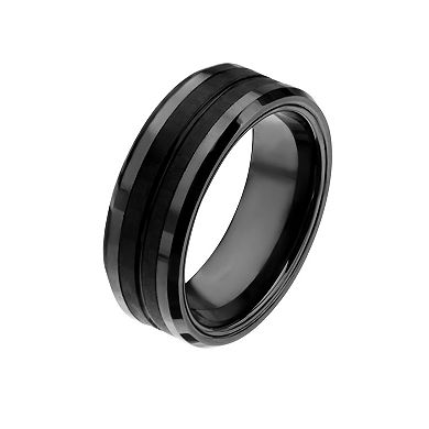 Men's Black Stainless Steel & Carbon Fiber Double Line Ring